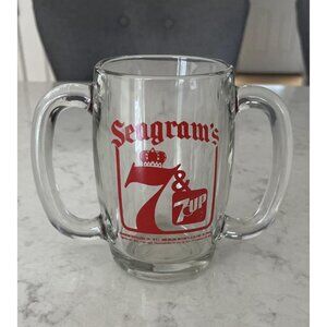 Seagram’s 7 Whiskey & 7Up Double Handled Red Logo Clear Glass Mug Vintage 1981